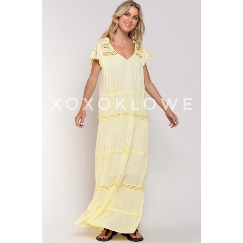 POL Vintage Yellow V Neck Lace Detail Maxi Dress Short Sleeves Loose Fit